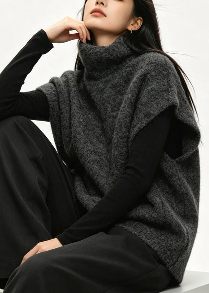 Casual Dark Grey Turtleneck Cotton Knit Waistcoat Short Sleeve