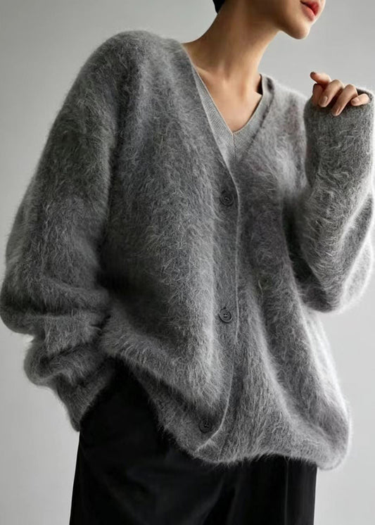 Casual Dark Grey V Neck Faux Mink Hair Knitted Cardigans Winter