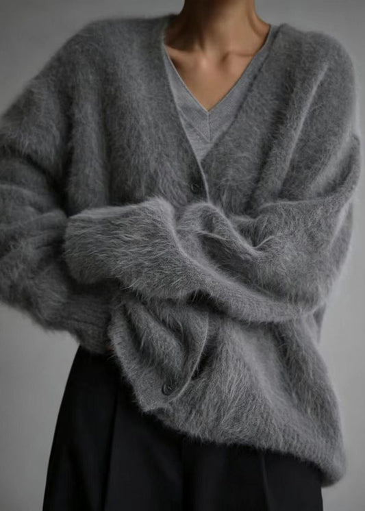 Casual Dark Grey V Neck Faux Mink Hair Knitted Cardigans Winter