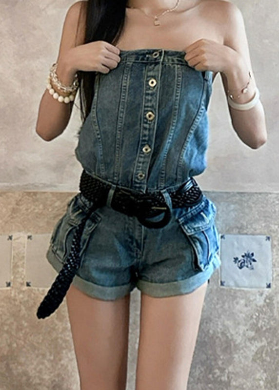 Casual Denim Blue Cold Shoulder Patchwork Jumpsuit Summer