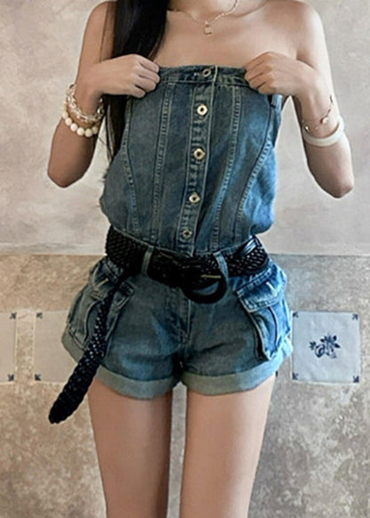 Casual Denim Blue Cold Shoulder Patchwork Jumpsuit Summer