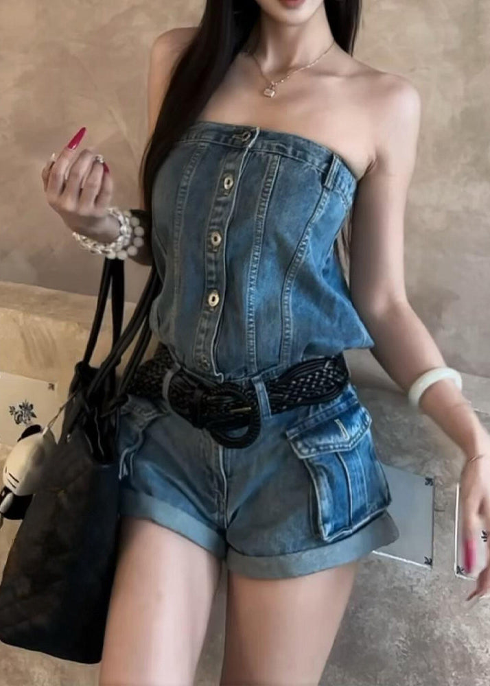 Casual Denim Blue Cold Shoulder Patchwork Jumpsuit Summer