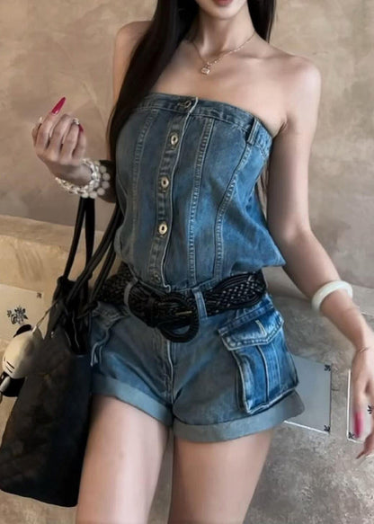 Casual Denim Blue Cold Shoulder Patchwork Jumpsuit Summer