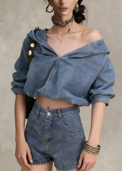 Casual Denim Blue Hooded Coat And Shorts Two Pieces Set Spring