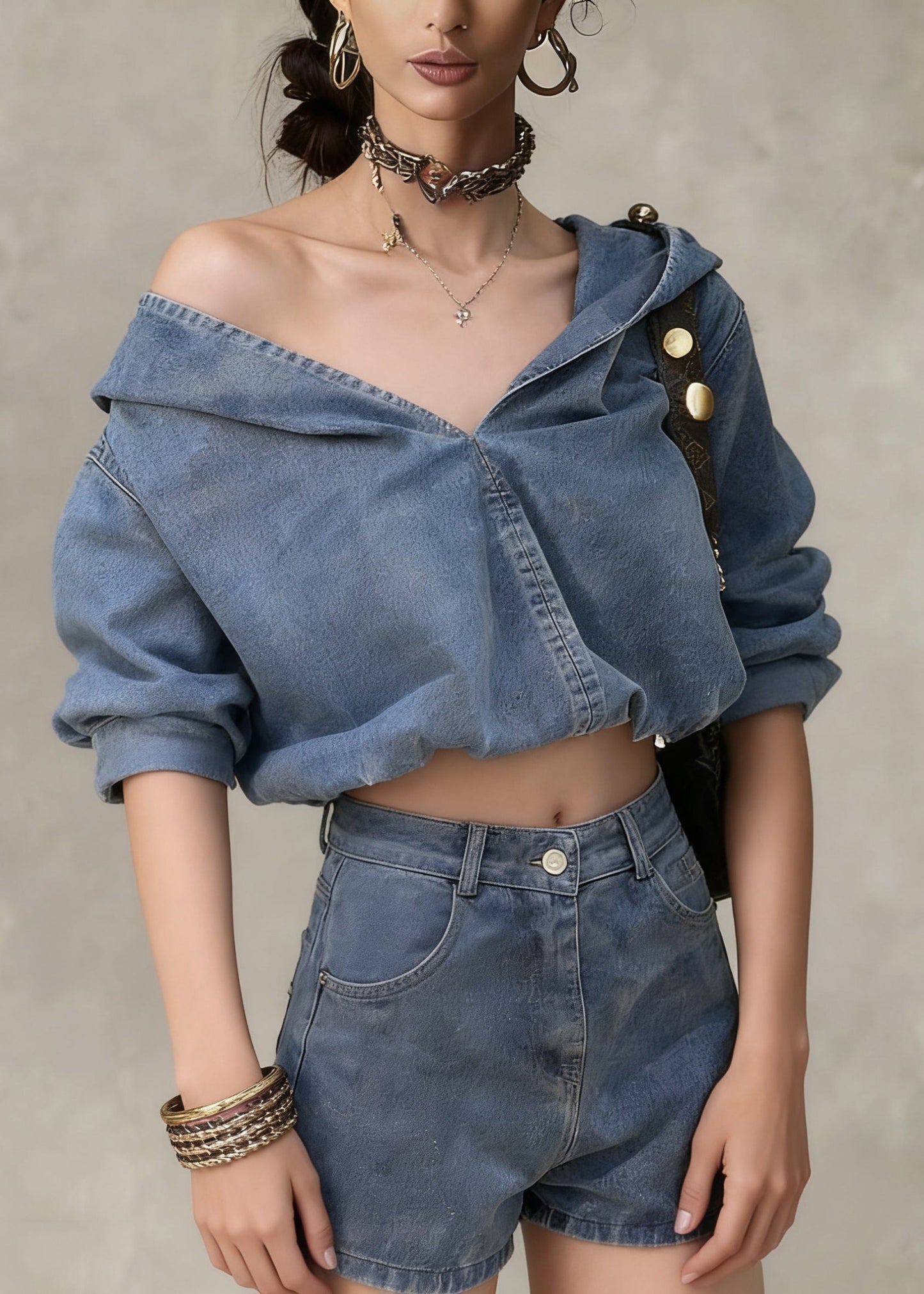 Casual Denim Blue Hooded Coat And Shorts Two Pieces Set Spring