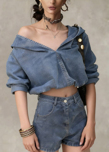 Casual Denim Blue Hooded Coat And Shorts Two Pieces Set Spring