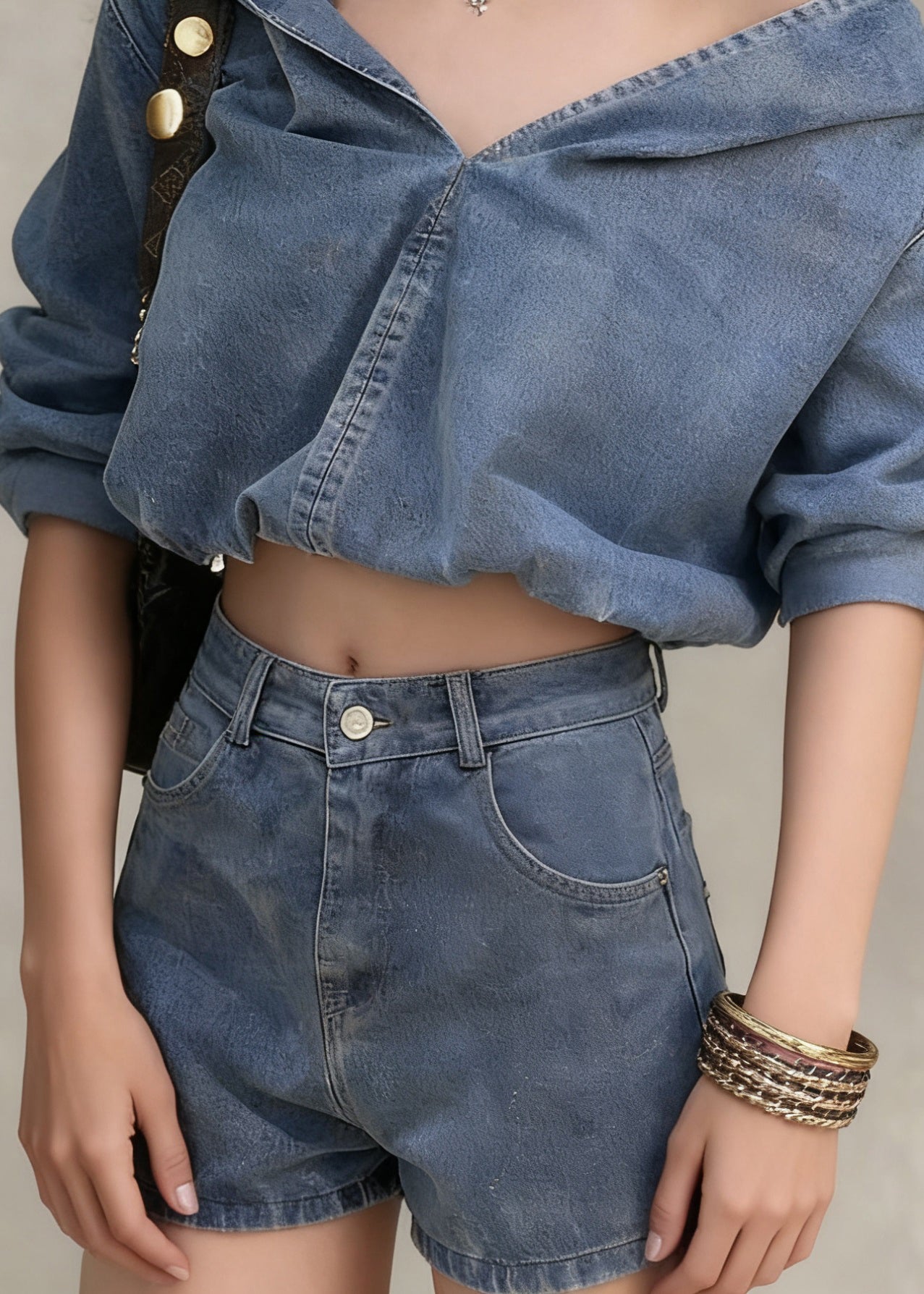 Casual Denim Blue Hooded Coat And Shorts Two Pieces Set Spring