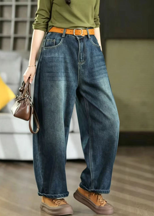 Casual Denim Blue Oversized Pockets Harem Pants Fall