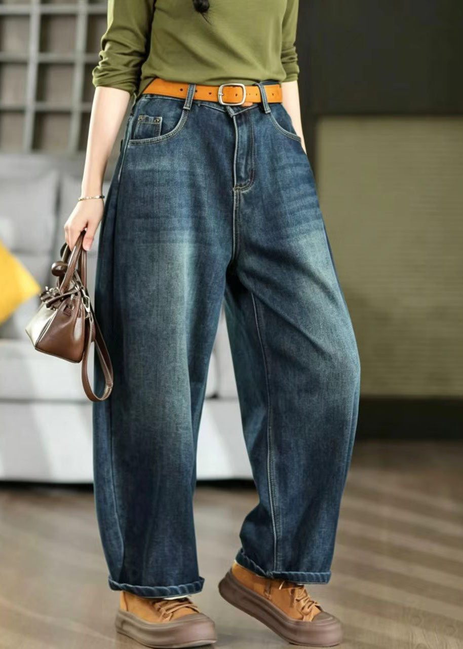 Casual Denim Blue Oversized Pockets Harem Pants Fall