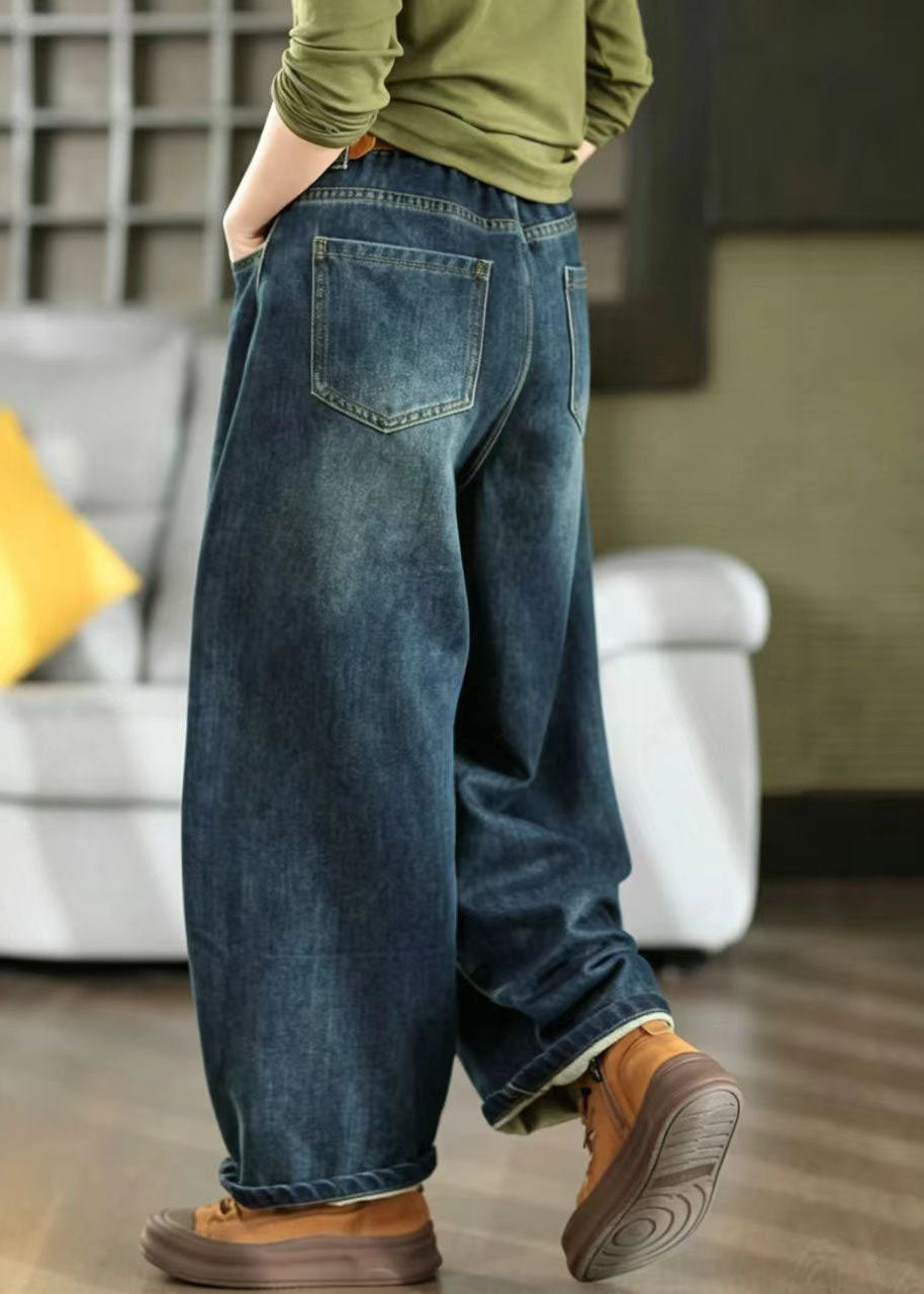 Casual Denim Blue Oversized Pockets Harem Pants Fall