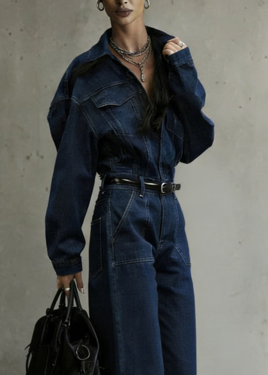 Casual Denim Blue Peter Pan Collar Patchwork Pocket Jumpsuit Spring