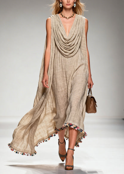 Casual Draped Neckline Floral Patchwork Linen Dress Sleeveless