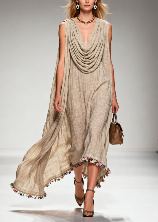 Casual Draped Neckline Floral Patchwork Linen Dress Sleeveless