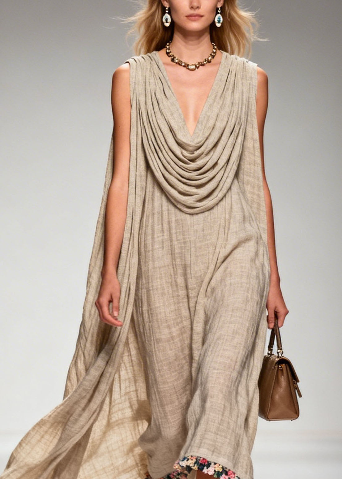 Casual Draped Neckline Floral Patchwork Linen Dress Sleeveless