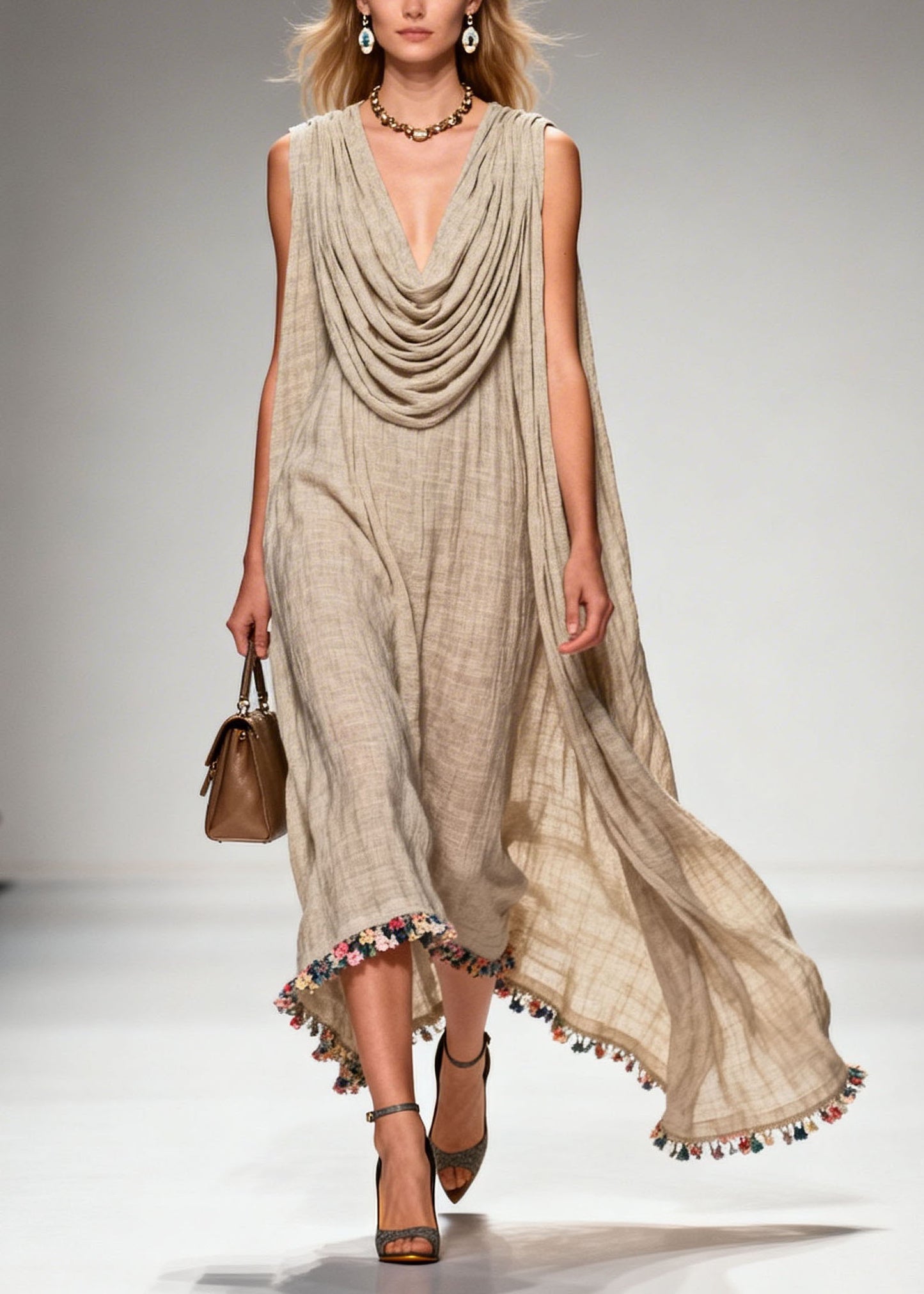 Casual Draped Neckline Floral Patchwork Linen Dress Sleeveless
