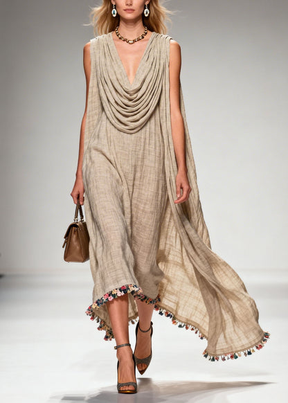 Casual Draped Neckline Floral Patchwork Linen Dress Sleeveless