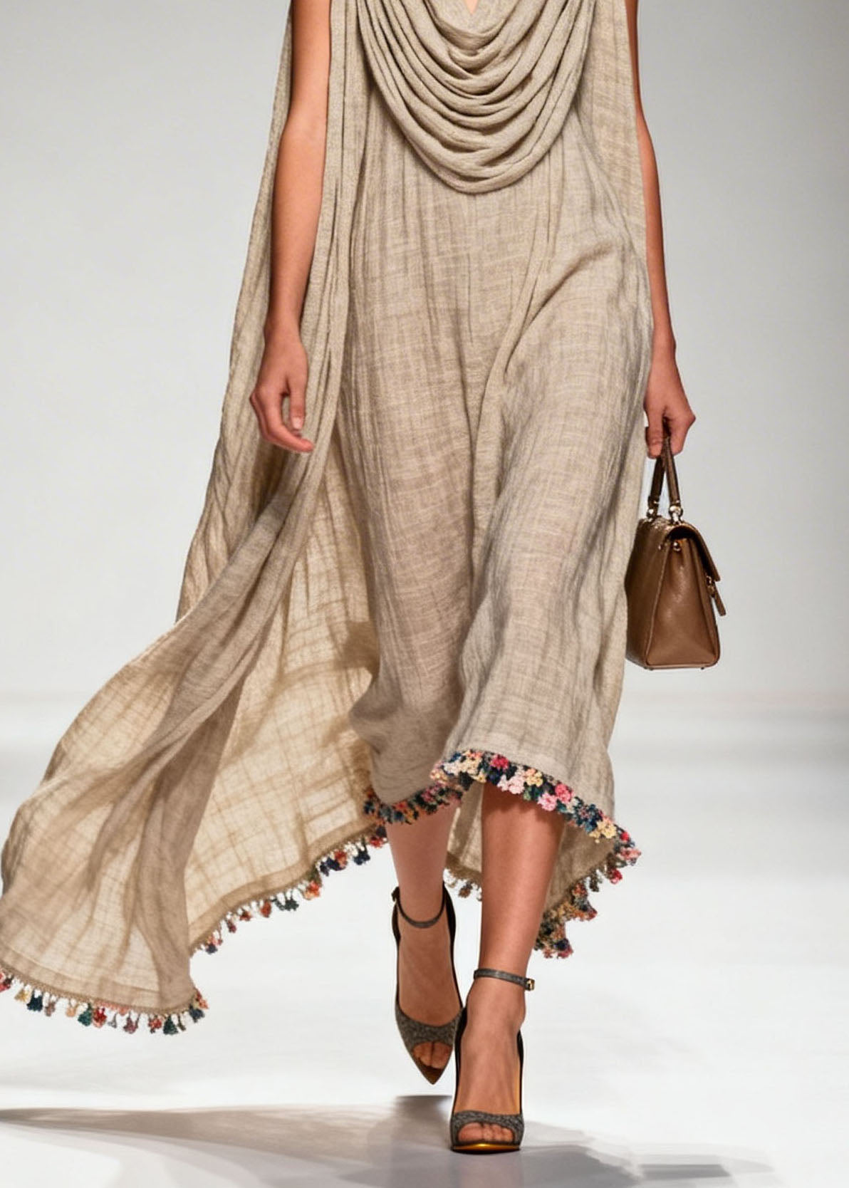 Casual Draped Neckline Floral Patchwork Linen Dress Sleeveless