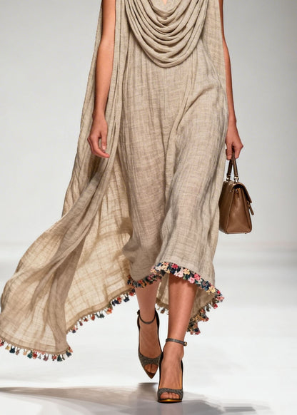 Casual Draped Neckline Floral Patchwork Linen Dress Sleeveless