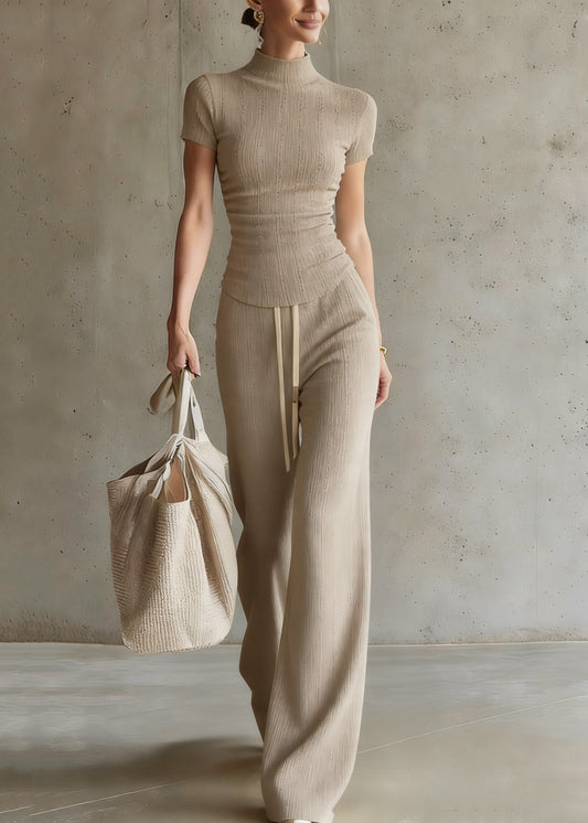 Casual Drawstring Top And Wide Leg Pants Two Piece Set Short Sleeve