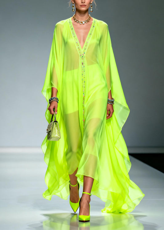 Casual Fluorescent Green Oversized Zircon Chiffon Long Dress Summer