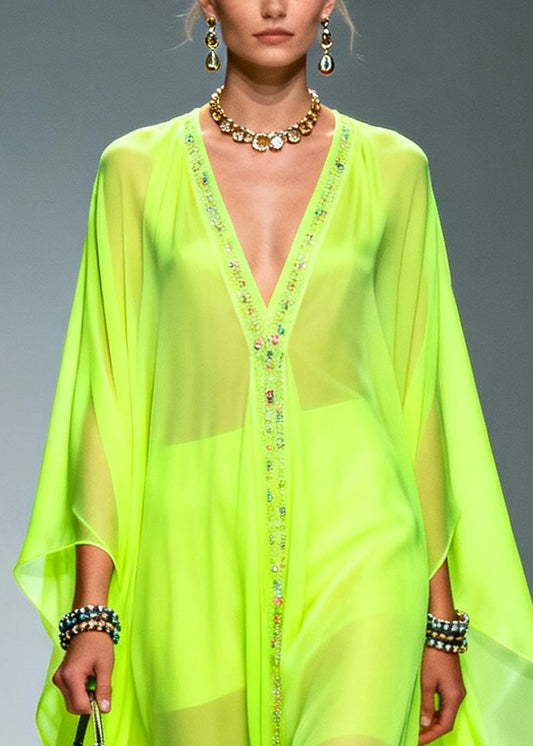 Casual Fluorescent Green Oversized Zircon Chiffon Long Dress Summer