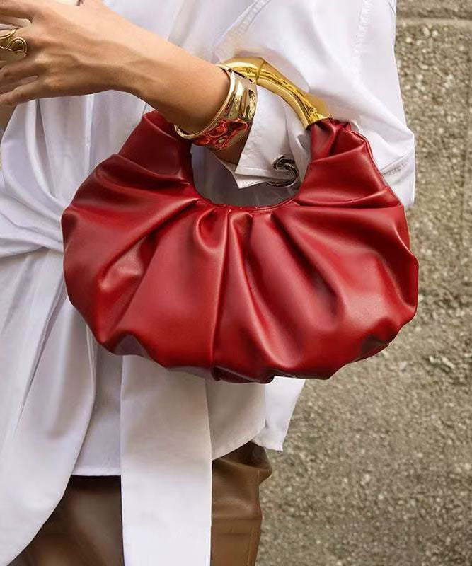 Casual French Red Pleated Metal Handle Faux Leather Tote Bag