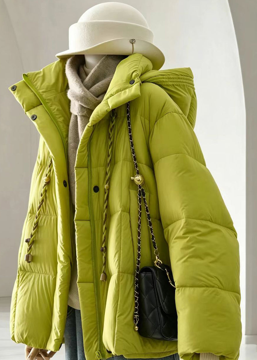 Casual Fruit Green Hooded Stand Collar Fine Cotton Filled Puffer Jacket Winter