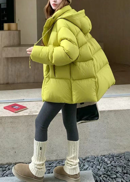 Casual Fruit Green Hooded Stand Collar Fine Cotton Filled Puffer Jacket Winter