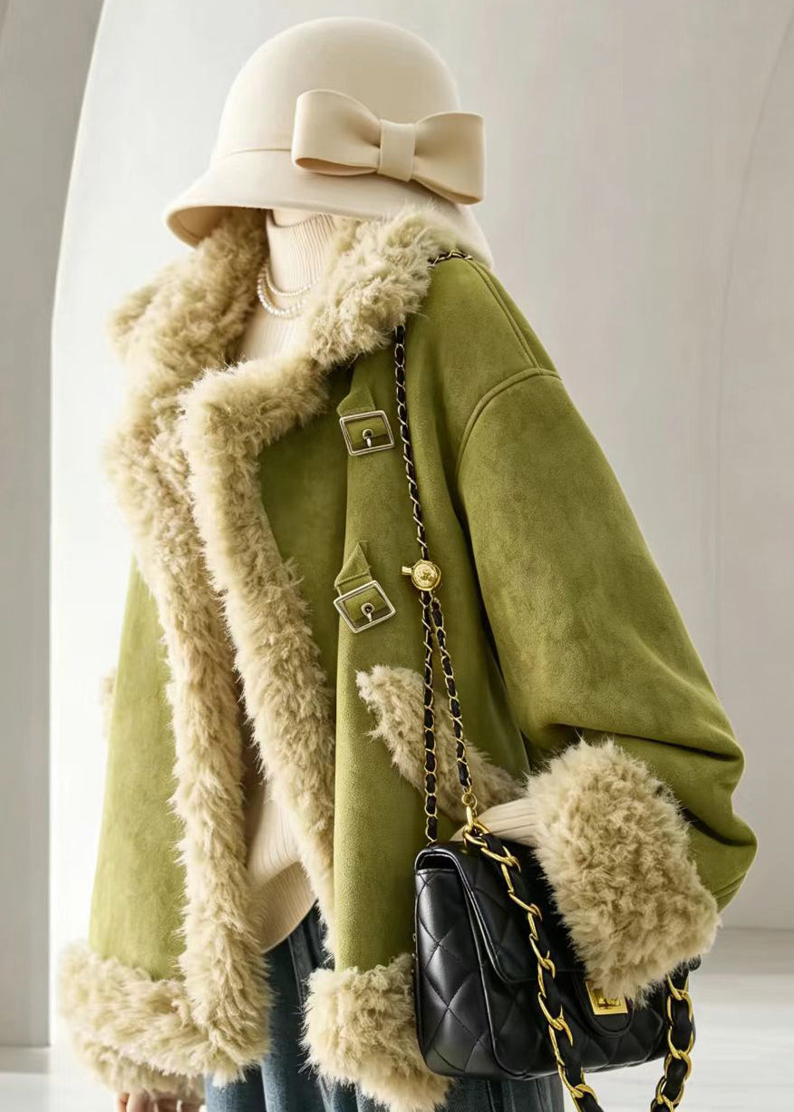 Casual Fruit Green Turn-Down Collar Faux Suede Teddy Faux Fur Winter Coat