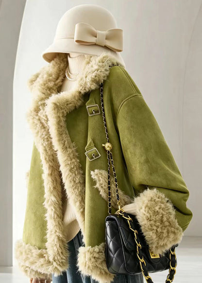 Casual Fruit Green Turn-Down Collar Faux Suede Teddy Faux Fur Winter Coat