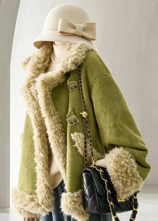 Casual Fruit Green Turn-Down Collar Faux Suede Teddy Faux Fur Winter Coat
