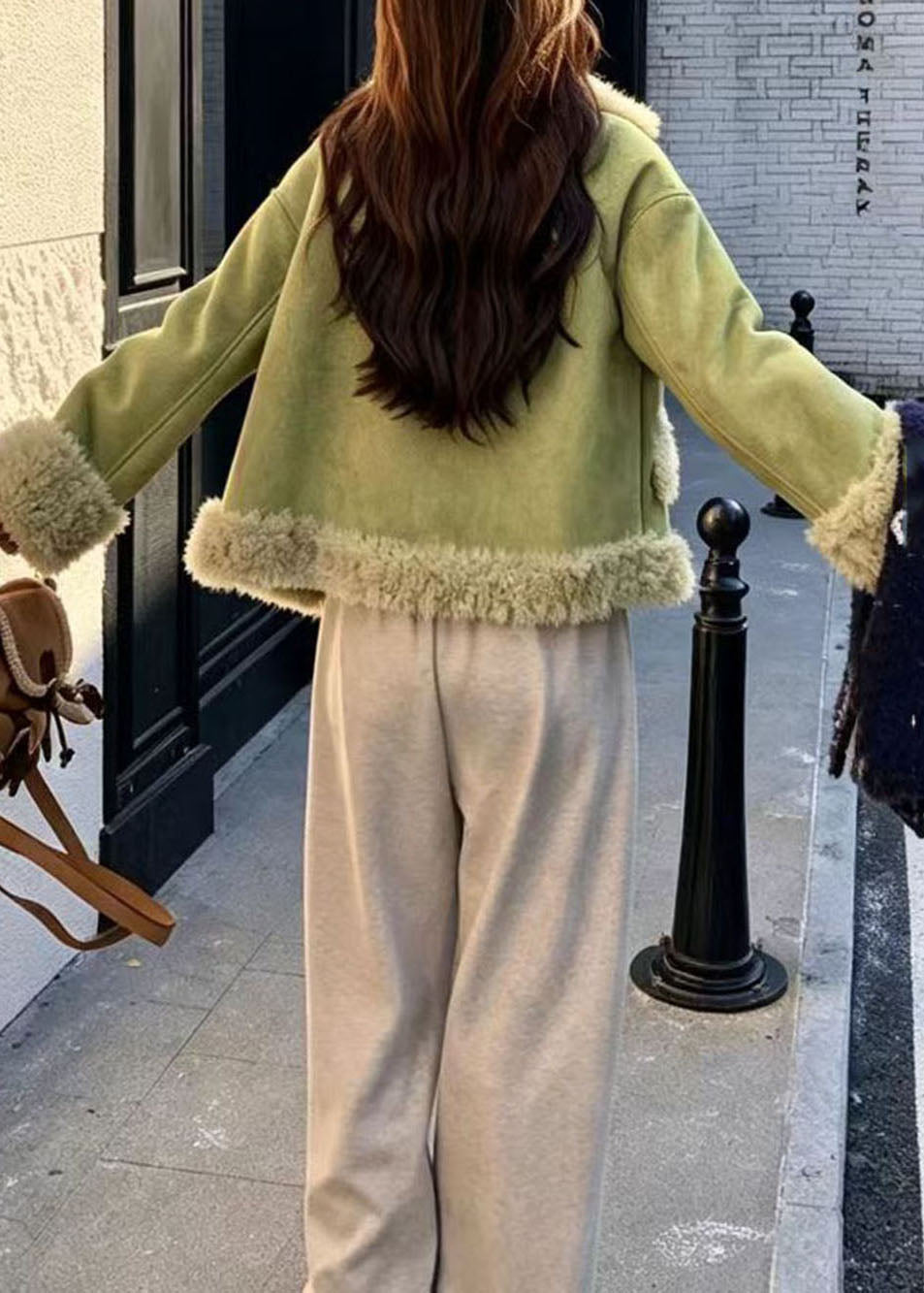 Casual Fruit Green Turn-Down Collar Faux Suede Teddy Faux Fur Winter Coat