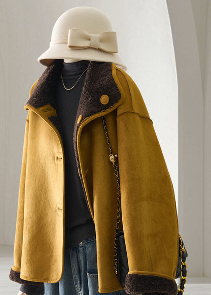 Casual Ginger Yellow Faux Suede Teddy Faux Fur Reversible Winter Coat Long Sleeve