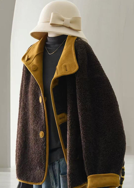 Casual Ginger Yellow Faux Suede Teddy Faux Fur Reversible Winter Coat Long Sleeve