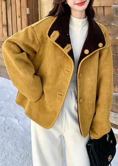 Casual Ginger Yellow Faux Suede Teddy Faux Fur Reversible Winter Coat Long Sleeve
