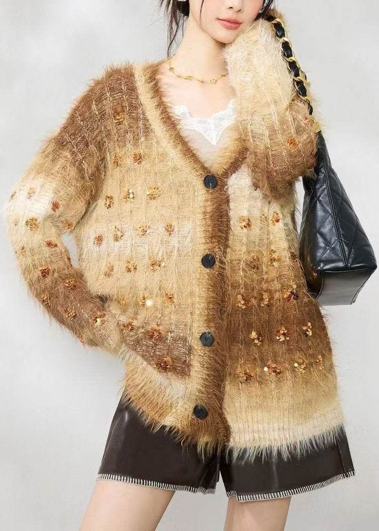 Casual Gold Coffee V Neck Sequins Faux Mink Hair Knitted Cardigan Fall