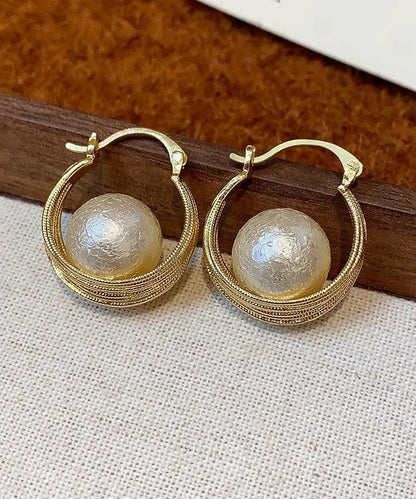 Casual Gold Copper Overgild Cotton Pearl Bird's Nest Hoop Earrings