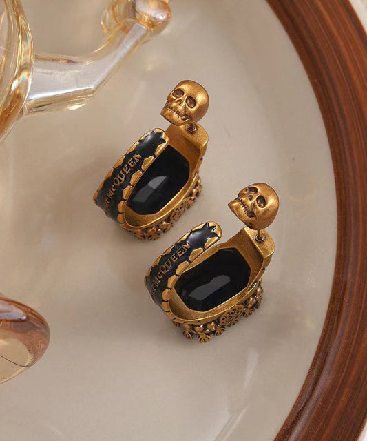 Casual Gold Copper Overgild Gem Stone Skull Hoop Earrings