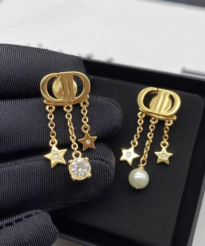 Casual Gold Copper Overgild Zircon Pearl Pentagram Tassel Drop Earrings