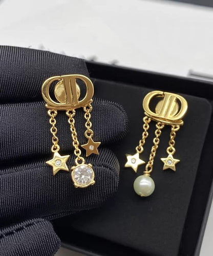Casual Gold Copper Overgild Zircon Pearl Pentagram Tassel Drop Earrings