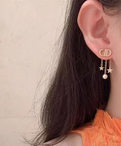 Casual Gold Copper Overgild Zircon Pearl Pentagram Tassel Drop Earrings