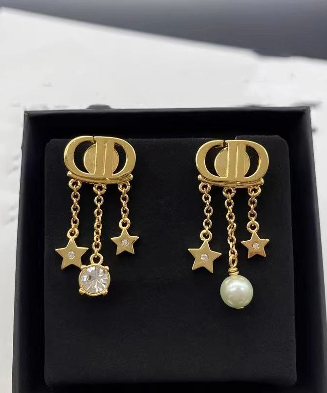 Casual Gold Copper Overgild Zircon Pearl Pentagram Tassel Drop Earrings