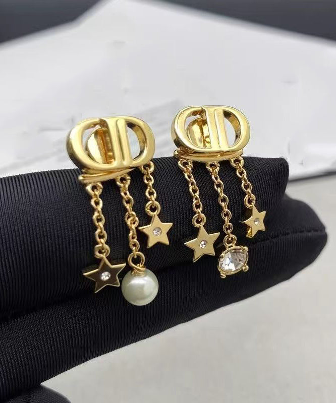 Casual Gold Copper Overgild Zircon Pearl Pentagram Tassel Drop Earrings
