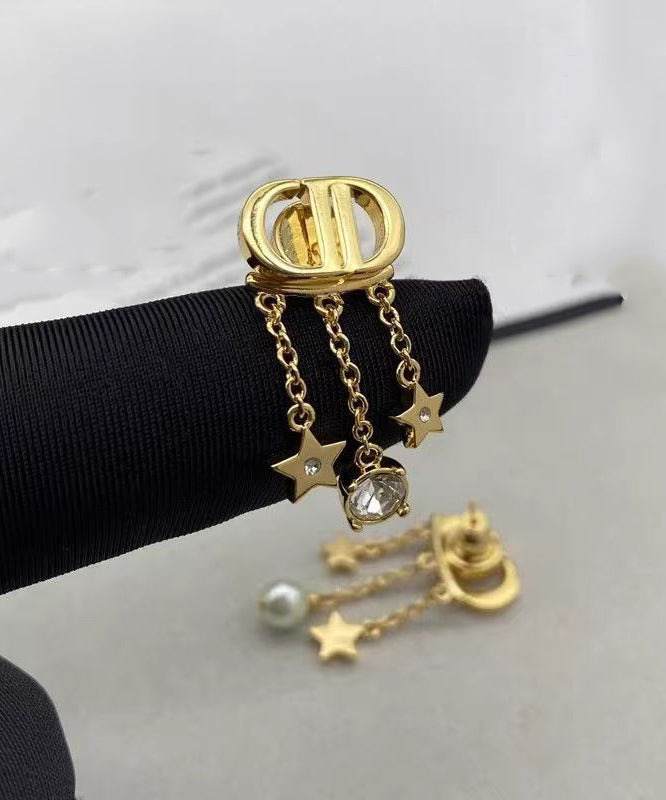 Casual Gold Copper Overgild Zircon Pearl Pentagram Tassel Drop Earrings