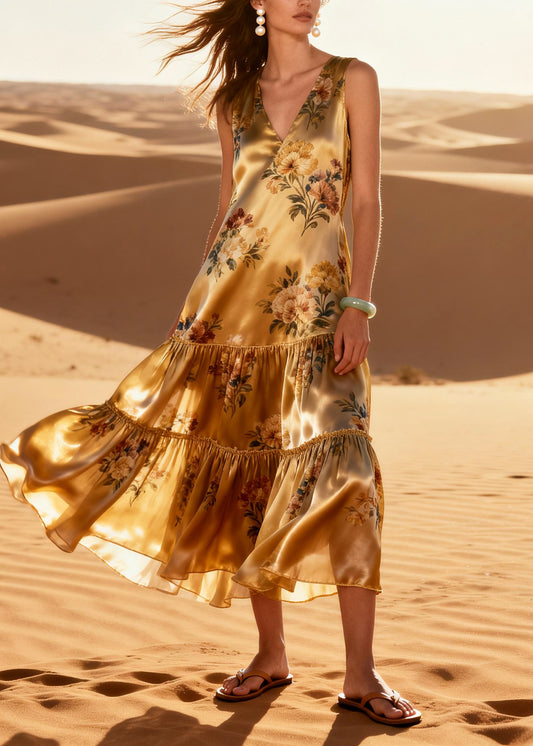 Casual Golden Print Exra Large Hem Silk Long Dresses Summer