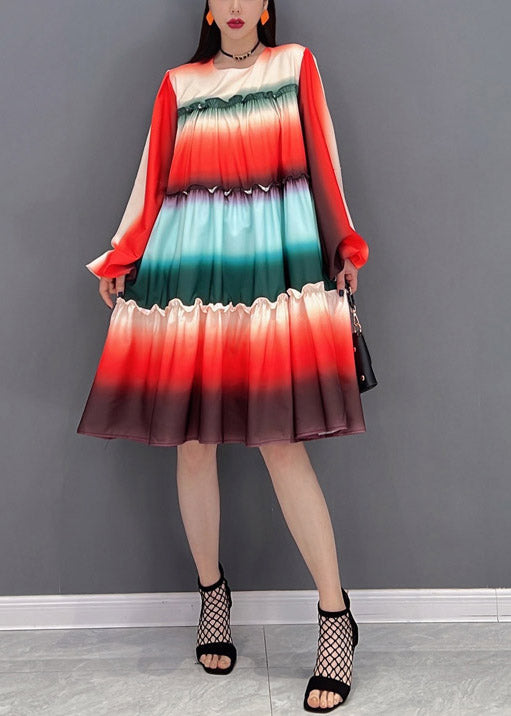 Casual Gradient color O-Neck Ruffled Patchwork A Line Dresses Long Sleeve