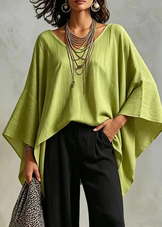 Casual Grass Green Asymmetrical Top Batwing Sleeve
