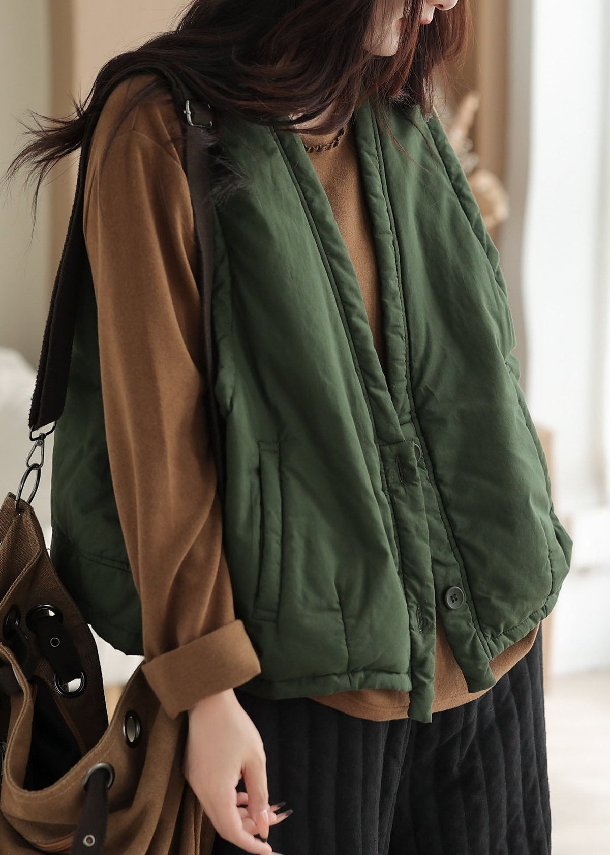 Casual Grass Green V Neck Thick Waistcoat Sleeveless