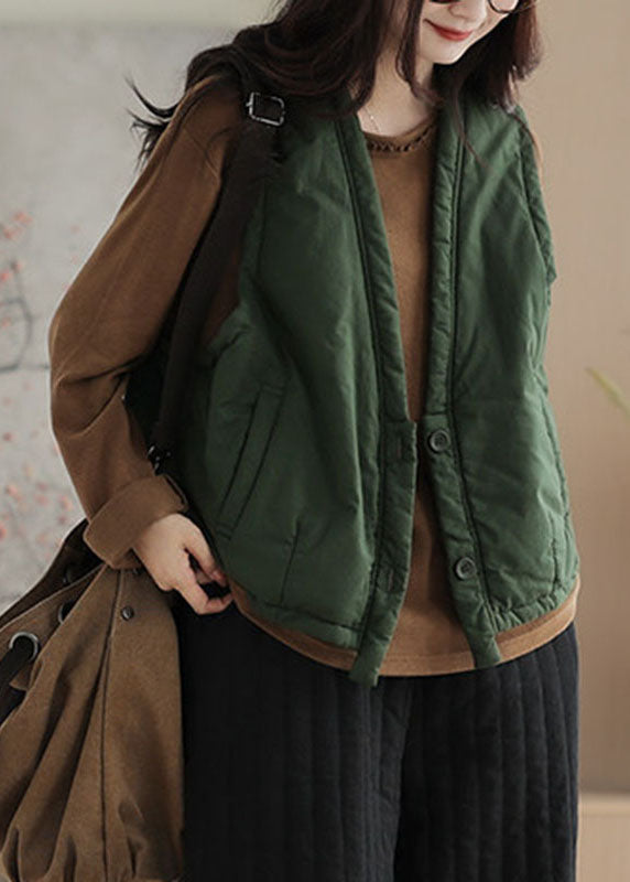 Casual Grass Green V Neck Thick Waistcoat Sleeveless