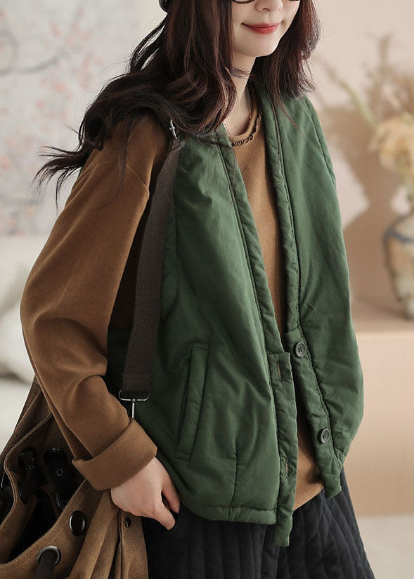 Casual Grass Green V Neck Thick Waistcoat Sleeveless